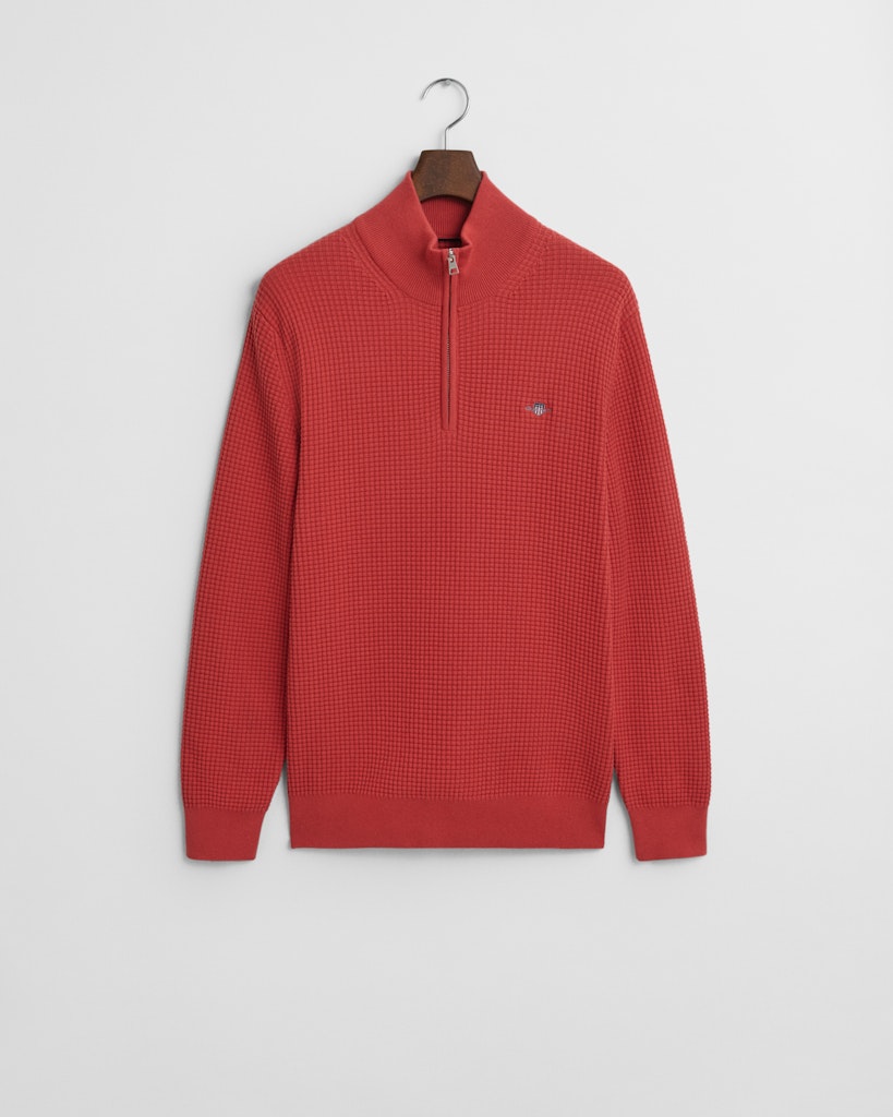Gant - Textured Cotton Half Zip, Brick Red