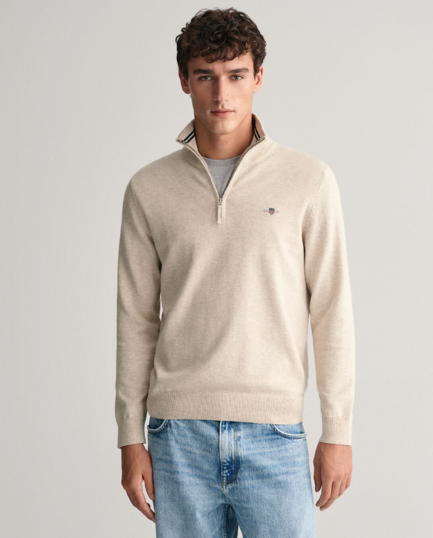 GANT - Classic Cotton Half Zip, Light Beige | GANT | Tector Menswear