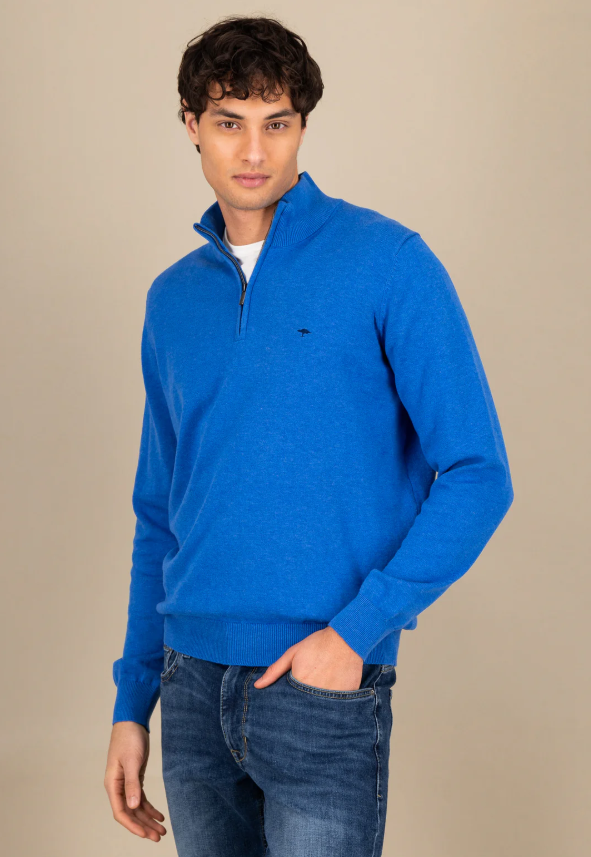 Fynch Hatton Half Zip Knit Jumper, Strong Blue