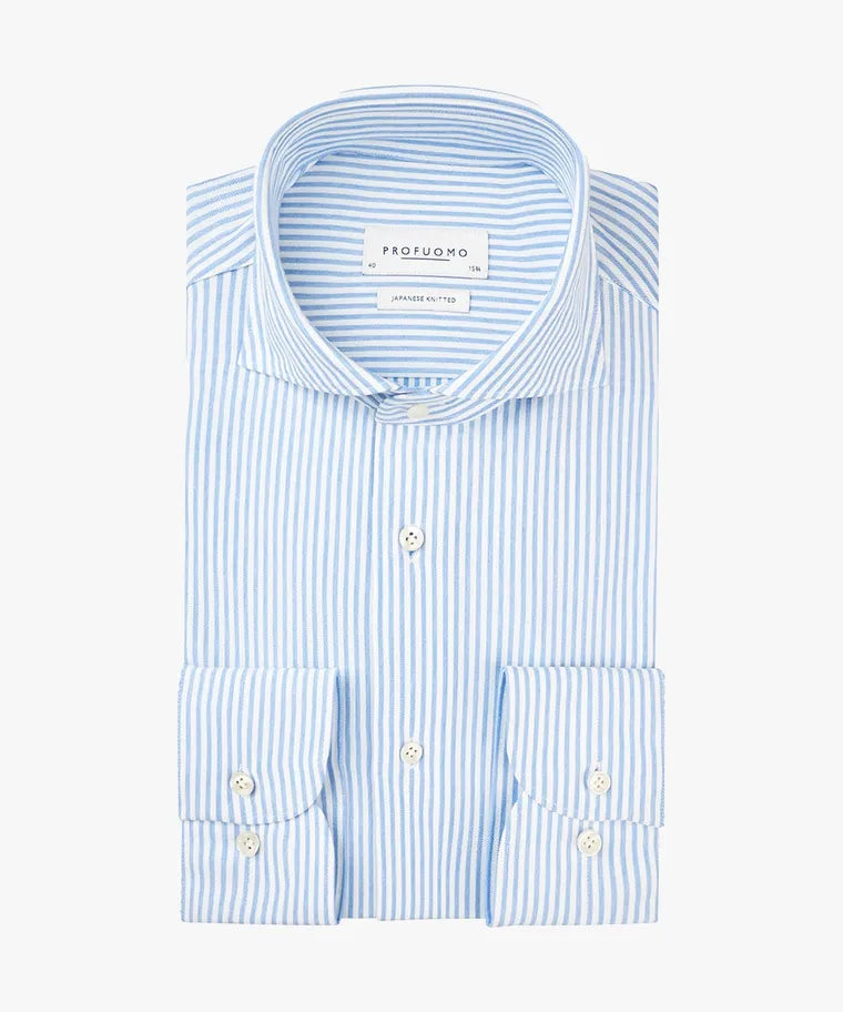 Profuomo - Japanese Knitted Cutaway SF Shirt, Blue Striped