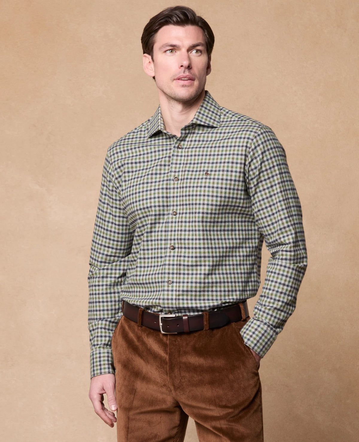 Magee - Classic Fit Nephin Cashmere Blend Shirt, Green Gingham