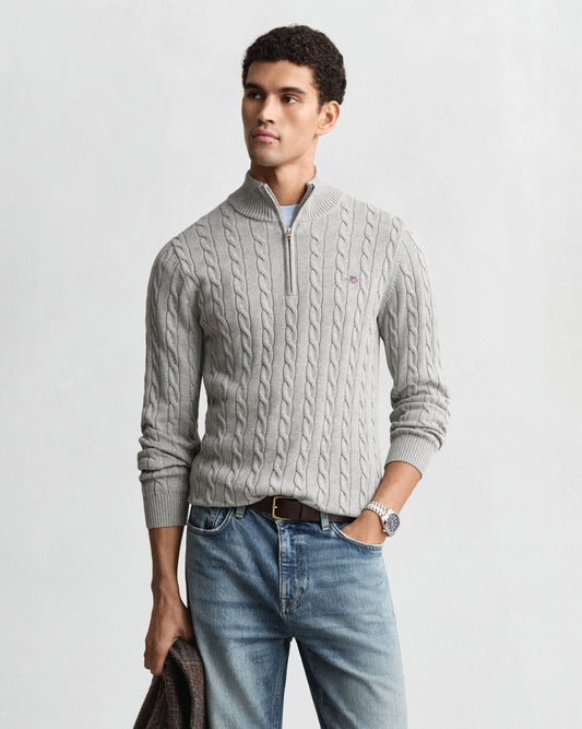 GANT - Cotton Cable Half Zip, Grey Melange