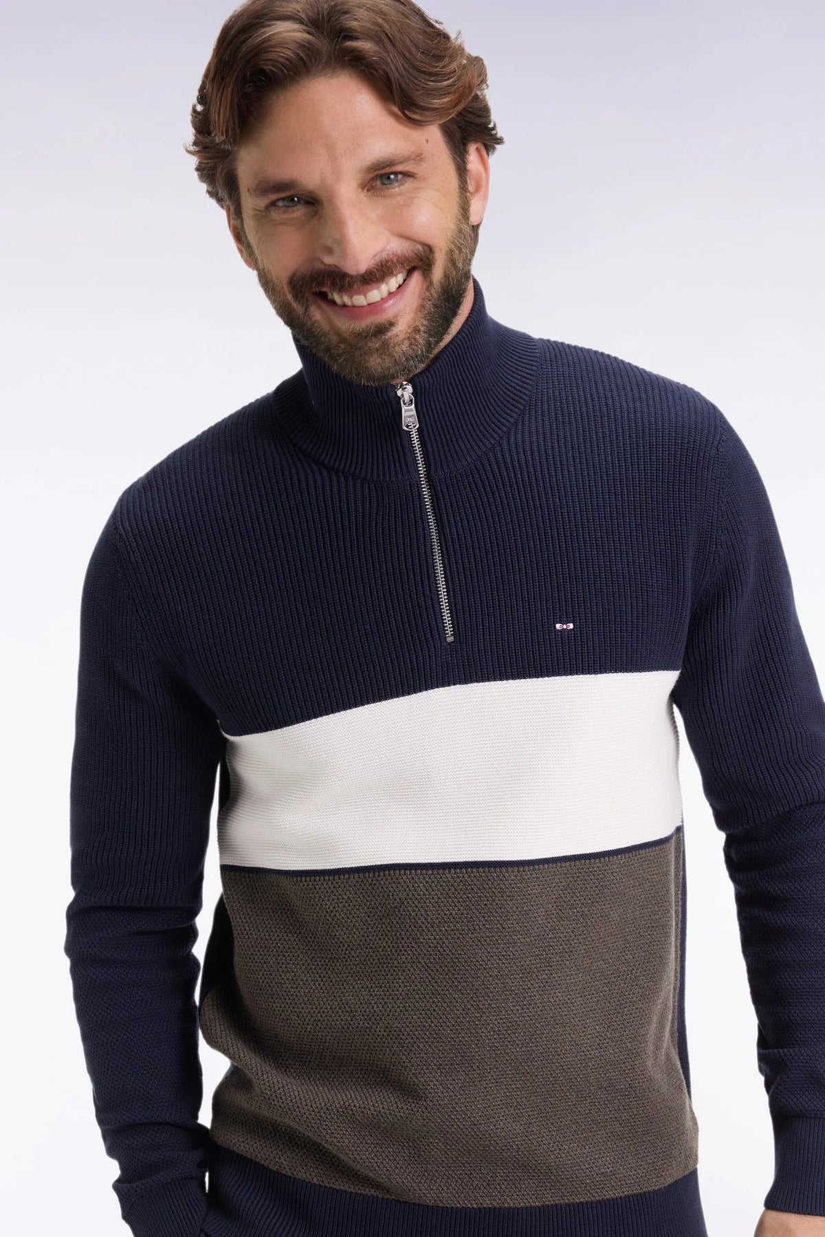 Eden Park - Heavy Cotton Trucker Neck Quarter-Zip, Navy / Brown (XXL Only)