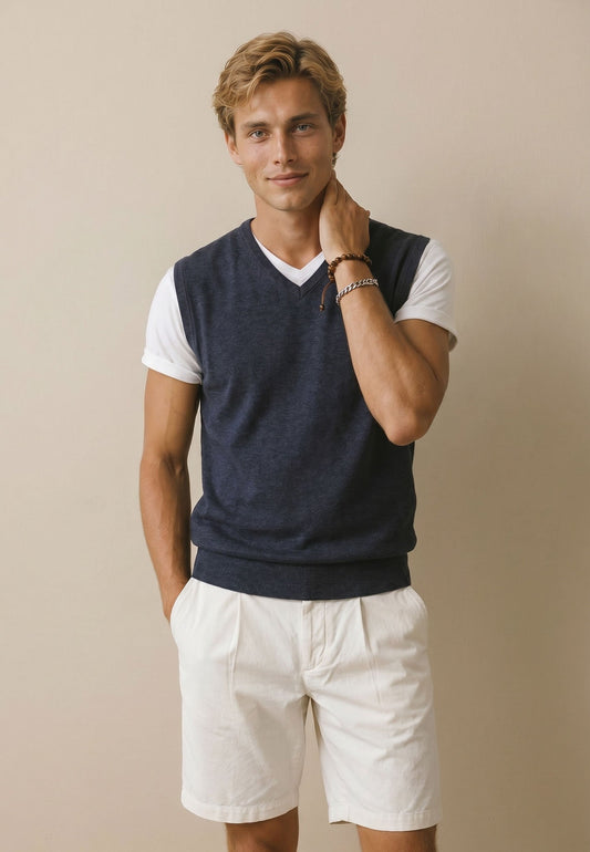 Fynch Hatton - Fine Knit V-Neck Sleeveless Pullover, Navy