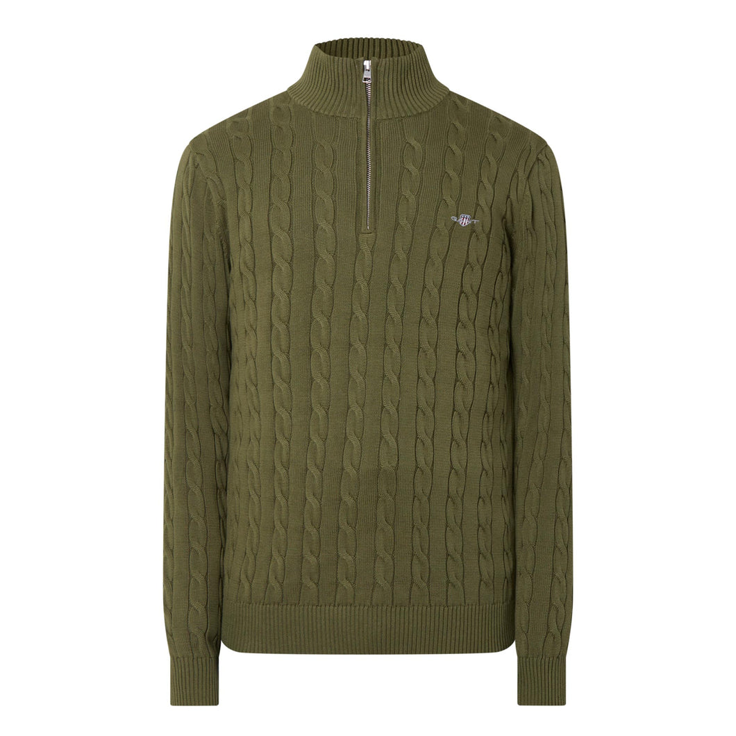 GANT - Cotton Cable Half Zip, Khaki Green Mel