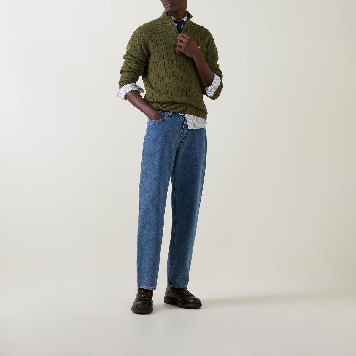 GANT - Cotton Cable Half Zip, Khaki Green Mel (M & XL Only)