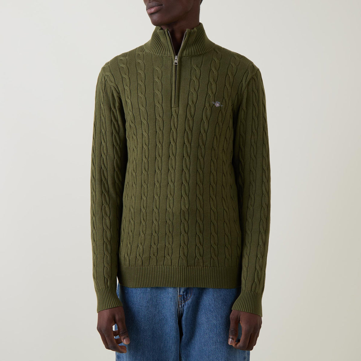 GANT - Cotton Cable Half Zip, Khaki Green Mel (M & XL Only)