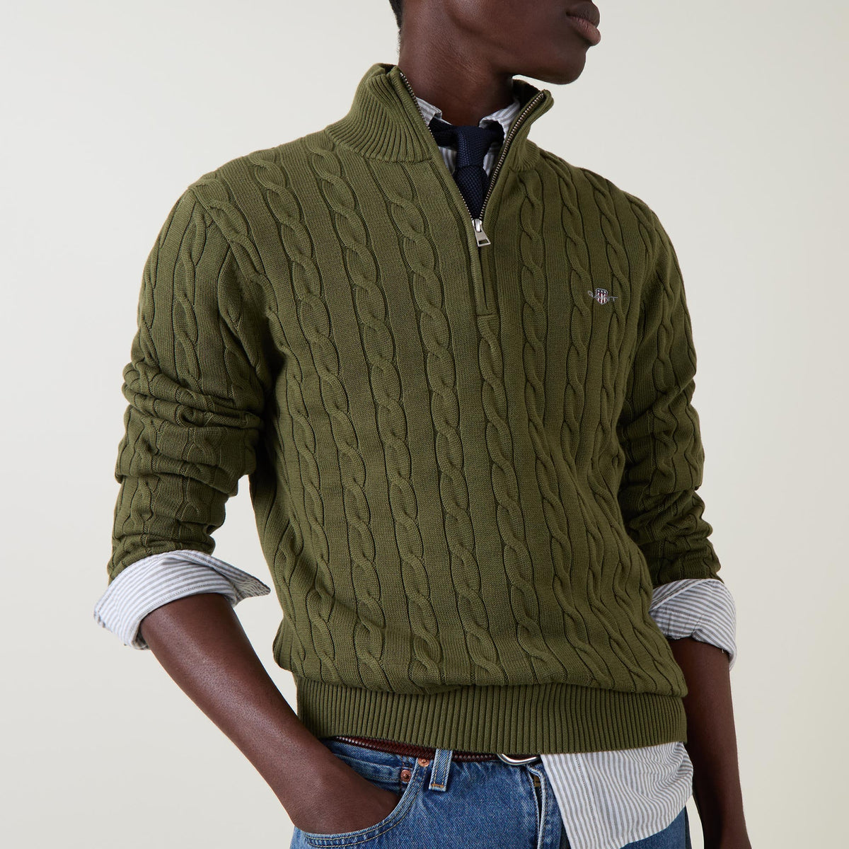 GANT - Cotton Cable Half Zip, Khaki Green Mel (M & XL Only)