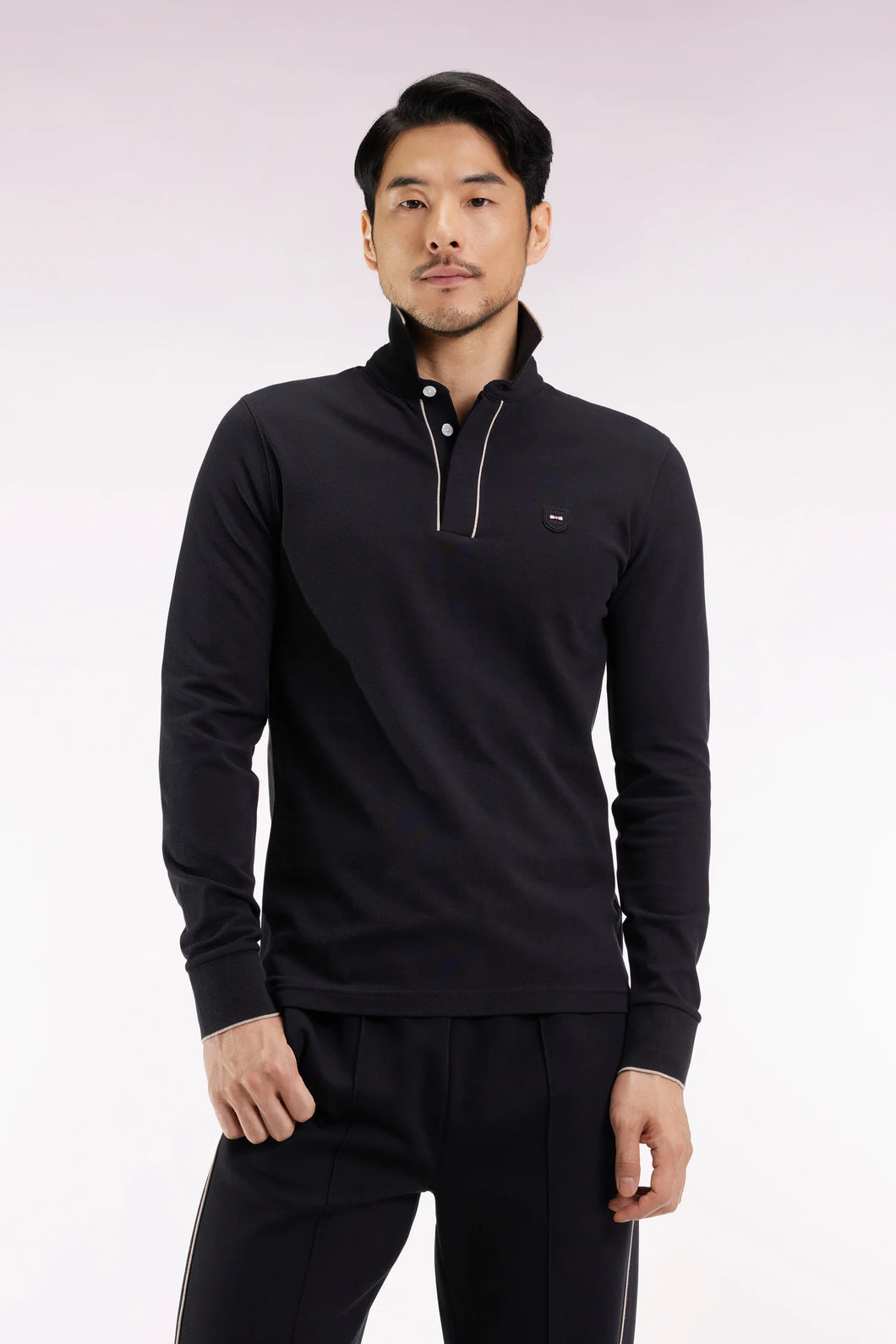 Eden Park - Stretch Cotton Long Sleeved Polo Shirt, Black