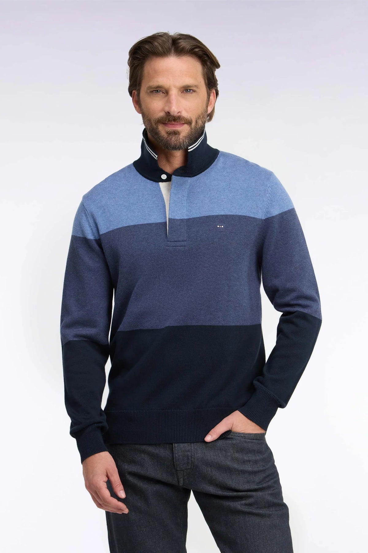 Eden Park - Knitted Long Sleeved Jersey, Tricolour Blue