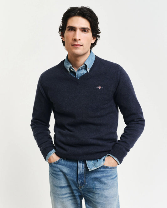 Gant -  Superfine Lambswool V-Neck, Dark Navy Melange (S & L Only)