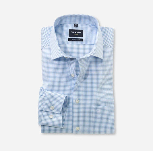 OLYMP - Luxor Modern Fit Business Shirt Global Kent, Bleu Check
