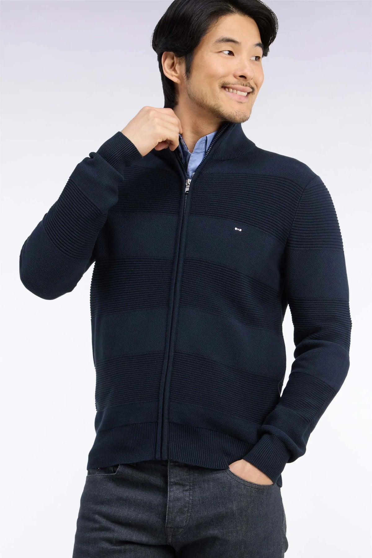 Eden Park - Cotton Striped Effect Full Zip Cardigan, Navy