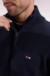 Eden Park - Cotton Trucker Neck Quarter-Zip With Stripe Effect, Navy