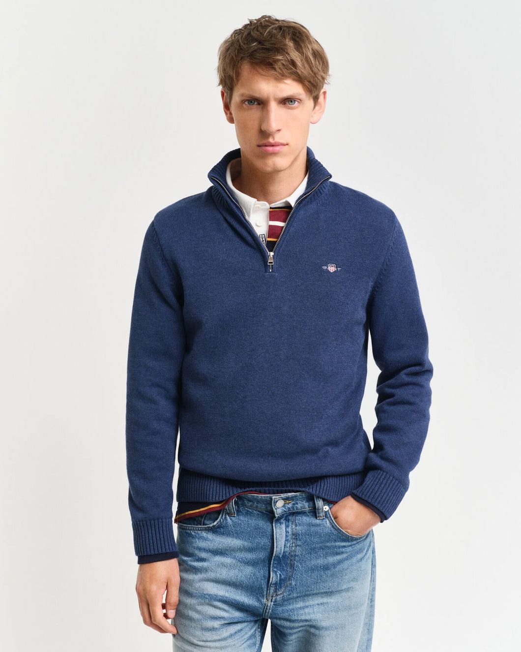GANT - Casual Cotton Half-Zip Sweater, Dark Jeansblue Melange