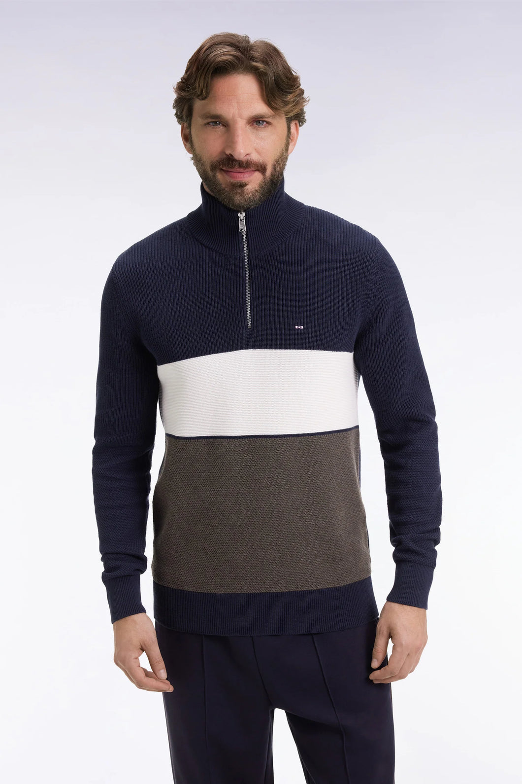 Eden Park - Cotton Trucker Neck Sweater with Striped Effect, Brown and Navy
