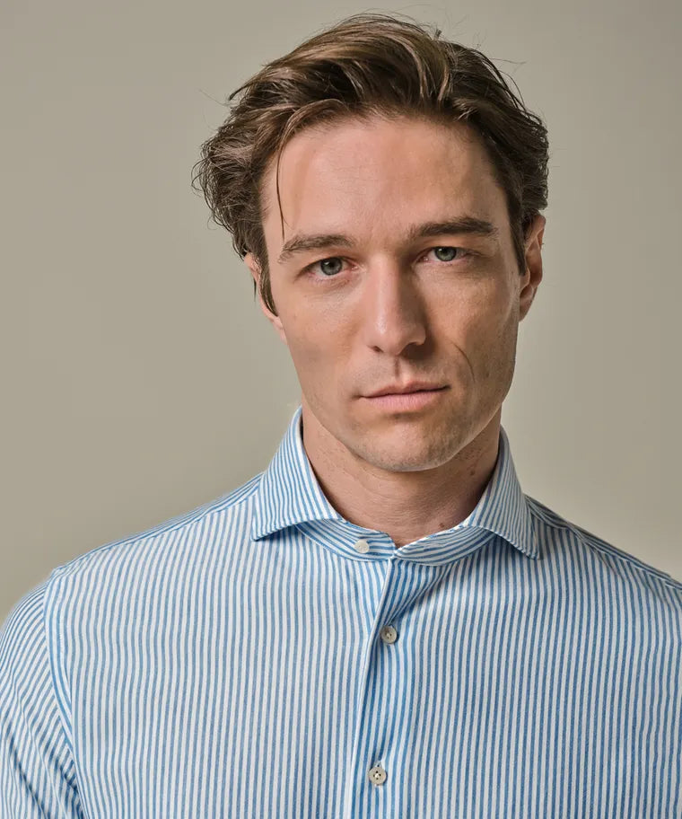 Profuomo - Japanese Knitted Cutaway SF Shirt, Blue Striped