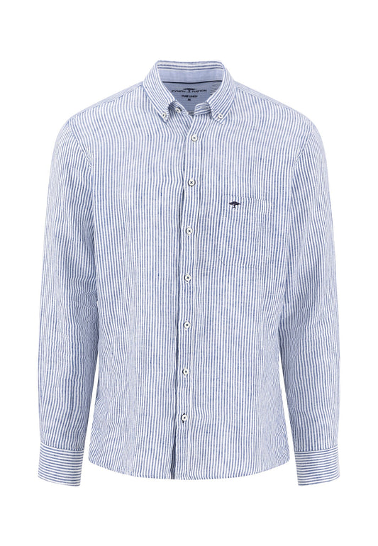 Fynch Hatton - Linen Striped Button-Down Shirt, Harbor Blue