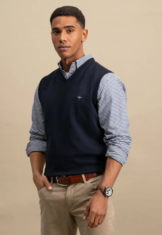 Fynch Hatton - Fine Knit V-Neck Sleeveless Pullover, Navy