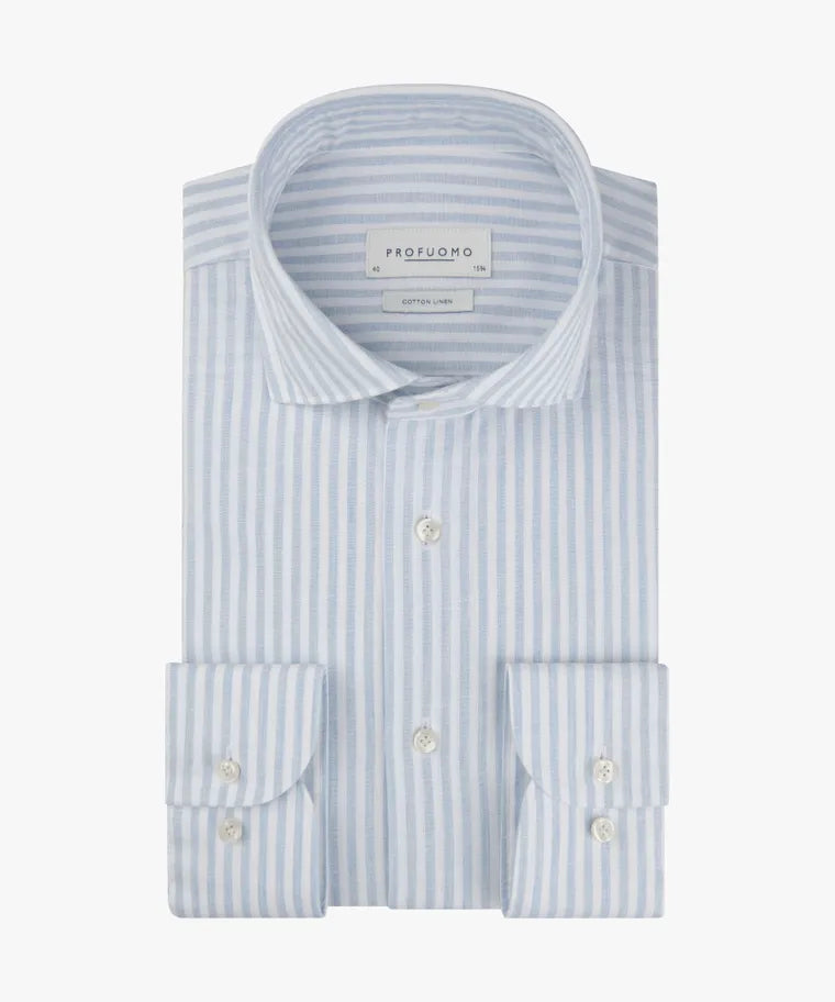 Profuomo - Cotton Linen Cutaway SF Shirt, Blue Oxford Stripe