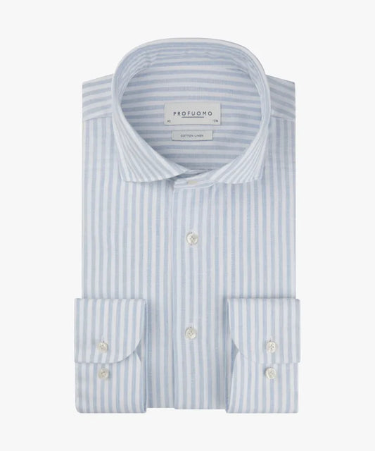 Profuomo - Cotton Linen Cutaway SF Shirt, Blue Oxford Stripe