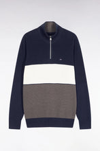 Load image into Gallery viewer, Eden Park - Cotton Trucker Neck Sweater with Striped Effect, Brown and Navy
