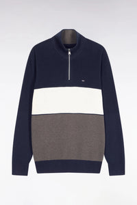 Eden Park - Cotton Trucker Neck Sweater with Striped Effect, Brown and Navy