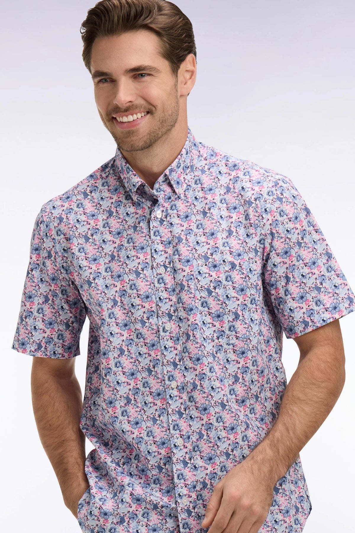 Eden Park - Short-Sleeve Cotton Shirt, Pink / Blue Floral