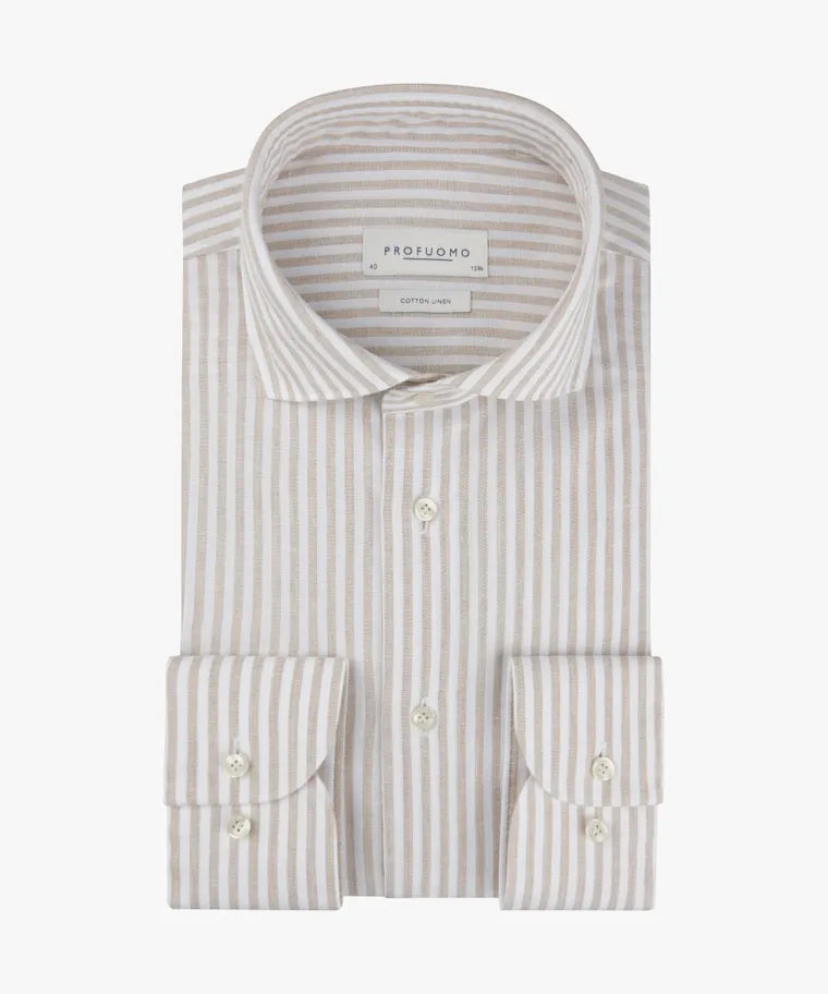 Profuomo - Cotton Linen Cutaway SF Shirt, Beige Oxford Stripe