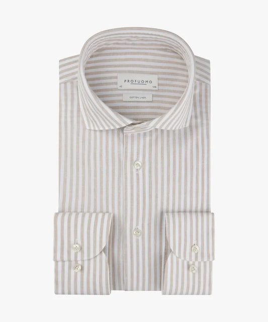 Profuomo - Cotton Linen Cutaway SF Shirt, Beige Oxford Stripe