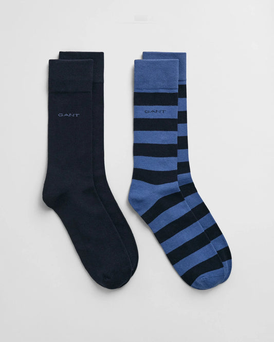 GANT - 2 Pack Barstripe & Solid Socks, Vintage Blue