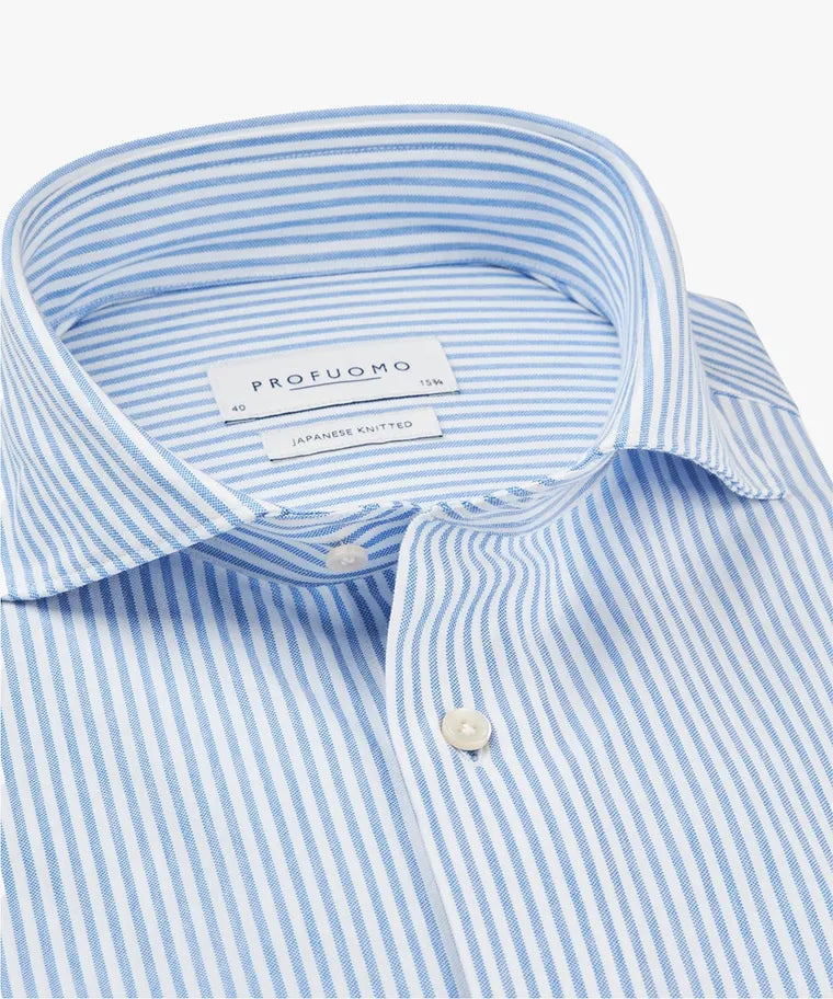 Profuomo - Japanese Knitted Cutaway SF Shirt, Blue Striped