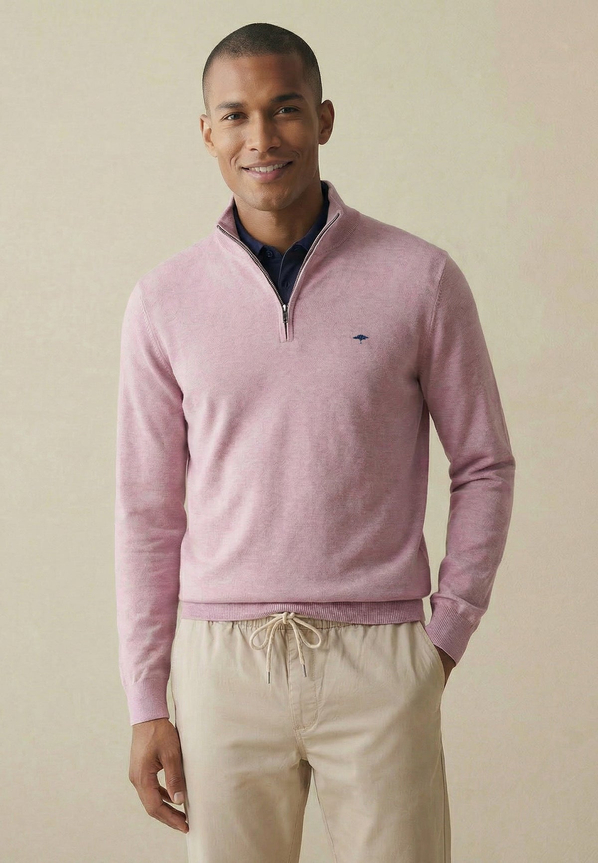 Fynch-Hatton - Knitted Cotton Troyer Collar Quarter-Zip, Magnolia