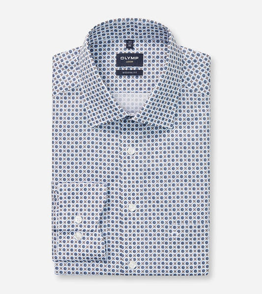 OLYMP - Luxor Modern Fit Business Shirt, New Kent, Marine / Brown Pattern
