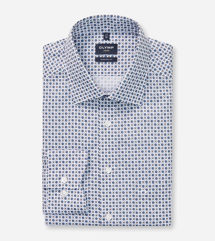 OLYMP - Luxor Modern Fit Business Shirt, New Kent, Marine / Brown Pattern