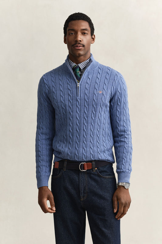 GANT - Cotton Cable Half Zip, Denim Blue Melange