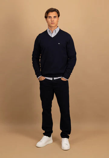 Fynch-Hatton- V-neck Marino Cashmere Sweater, Navy