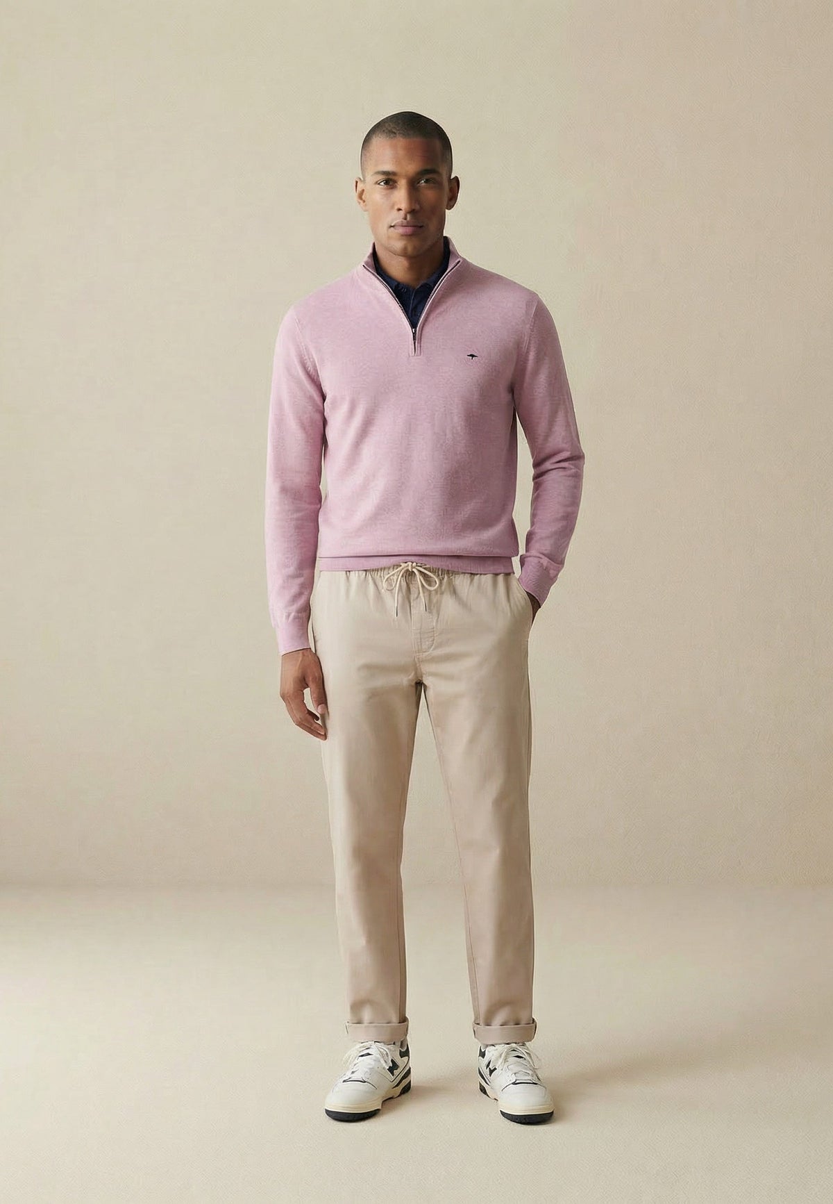 Fynch-Hatton - Knitted Cotton Troyer Collar Quarter-Zip, Magnolia