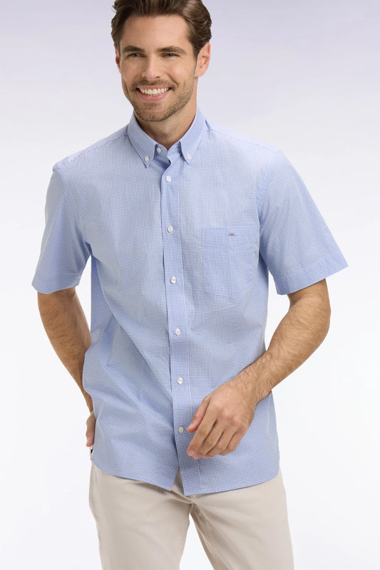 Eden Park - Short-Sleeve Gingham Cotton Shirt, Blue (3XL)