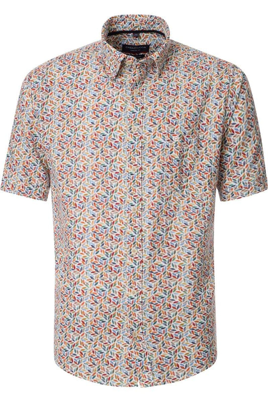 Casa Moda - Short Sleeve Linen Shirt, Red Leaf Print
