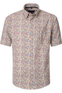Casa Moda - Short Sleeve Linen Shirt, Red Leaf Print