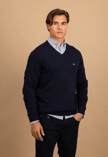 Fynch Hatton- V-neck Marino Cashmere Sweater, Navy
