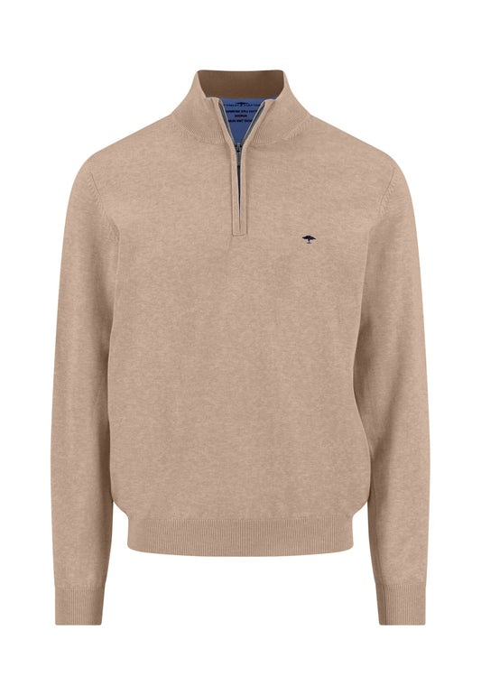 Fynch Hatton - Knitted Cotton Troyer Collar Quarter-Zip, Taupe