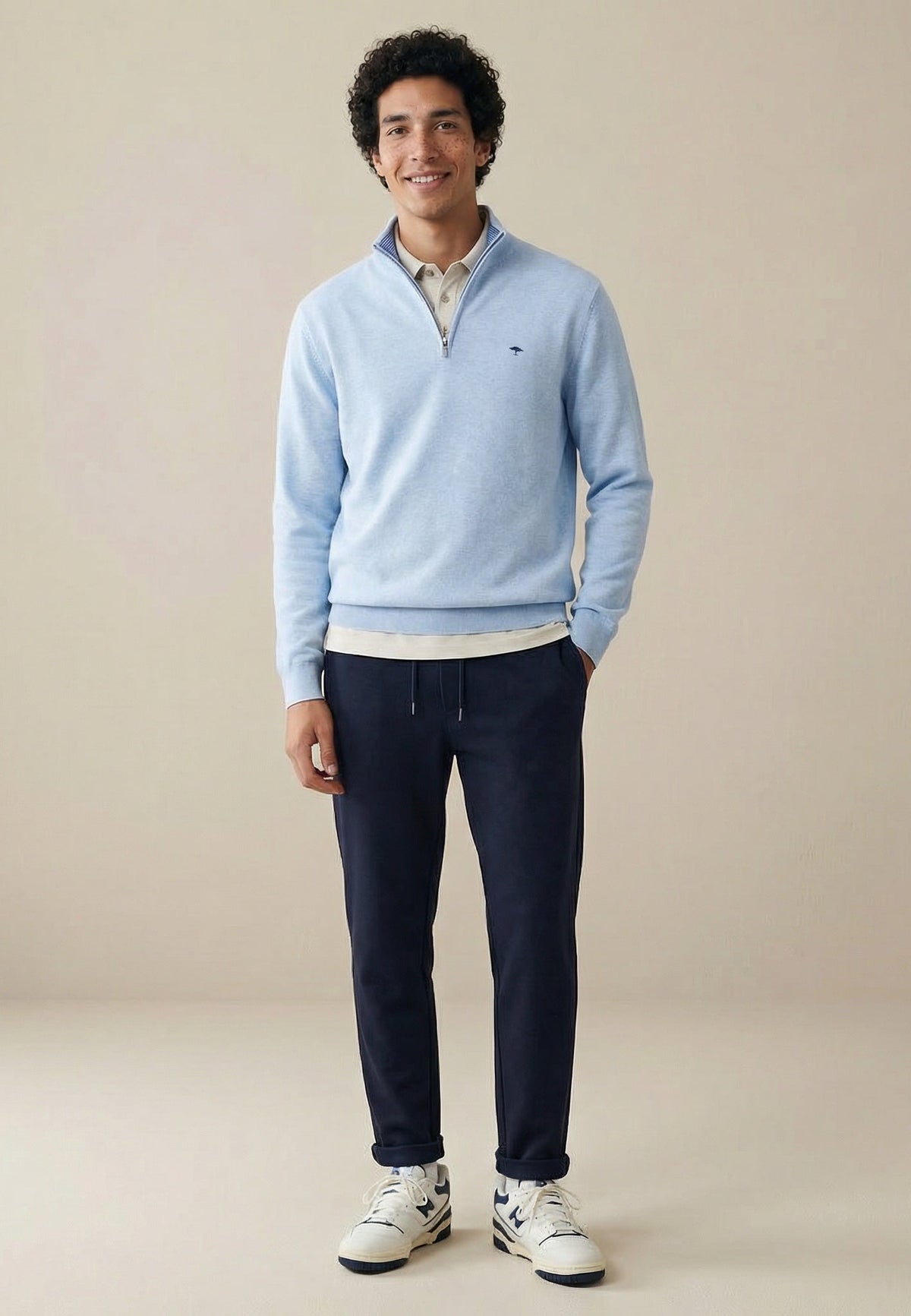 Fynch-Hatton - Knitted Cotton Troyer Collar Quarter-Zip, New Breeze