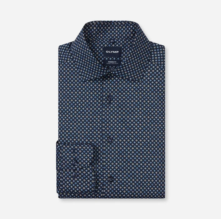 OLYMP - Luxor Modern Fit Global Kent Business Shirt, Marine Pattern