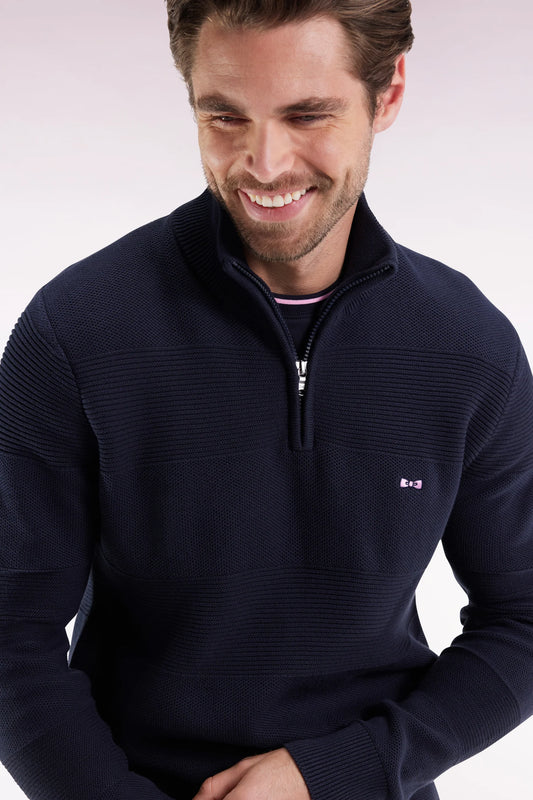 Eden Park - Cotton Trucker Neck Quarter-Zip With Stripe Effect, Navy ( XL Only)