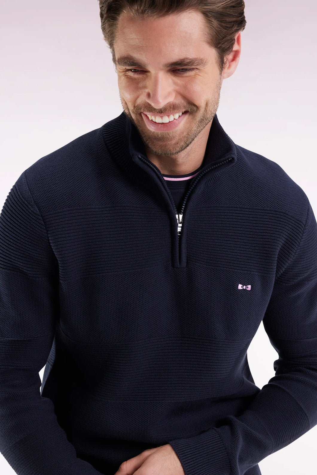 Eden Park - Cotton Trucker Neck Quarter-Zip With Stripe Effect, Navy