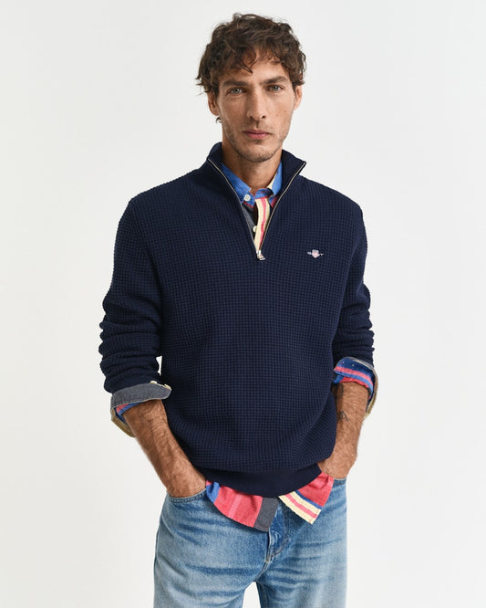 GANT - Textured Cotton Half Zip, Evening Blue