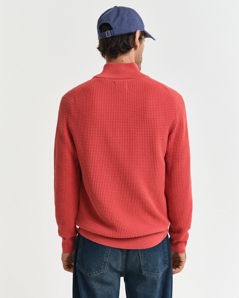 Gant - Textured Cotton Half Zip, Brick Red