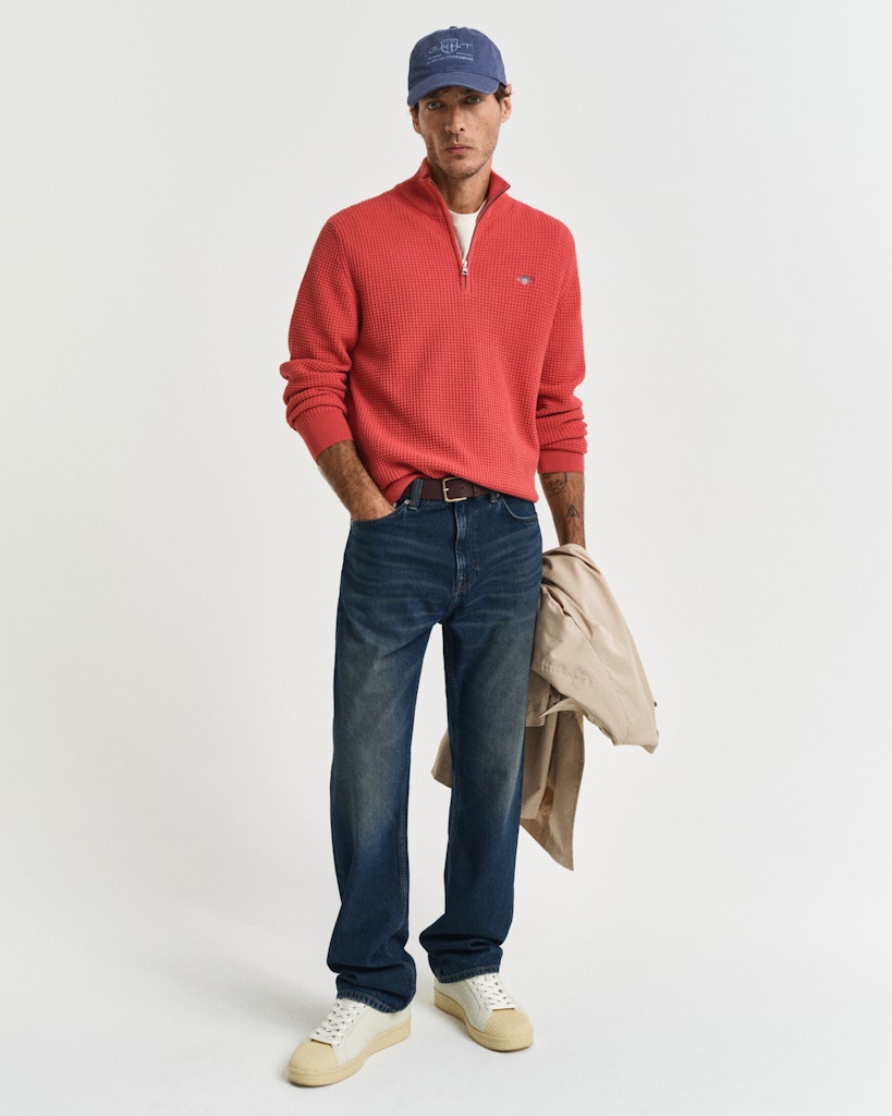 Gant - Textured Cotton Half Zip, Brick Red